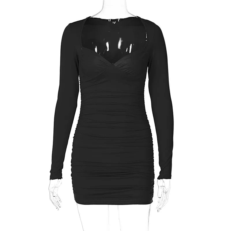 Fashion American Clothing Fall Women Clothes Sexy Ruched Ladies Dress Long Sleeve Casual Dresses Bodycon Dresses Women - VANN'D