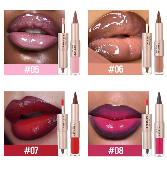 2IN1 Tapered Gradient Lipliner Pen Nude Brown Mirror Glass Lip Gloss Matte Lip Liner Waterproof Lip Contour Non Stick Makeup - ZYNDA