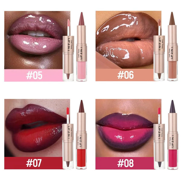 2IN1 Tapered Gradient Lipliner Pen Nude Brown Mirror Glass Lip Gloss Matte Lip Liner Waterproof Lip Contour Non Stick Makeup - ZYNDA