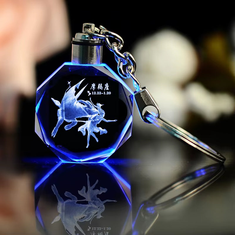Wholesale Glass Astrology Go Characters Crystal Keychain Custom LED Flashing Light Keyring