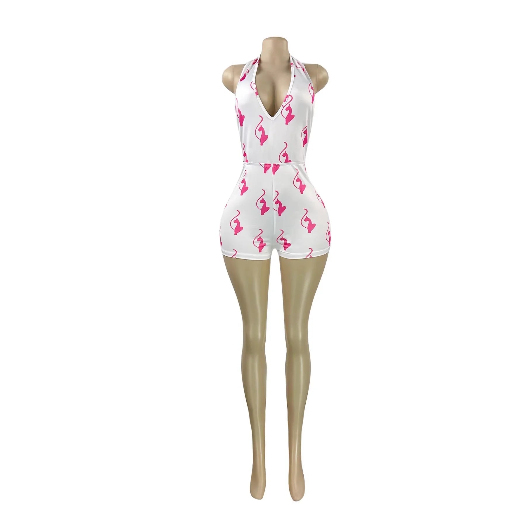CN26106 Slim Fit Spring European American Fashion Women'S Sexy Halter Neck Backless Deep V Printed One-Piece Shorts Jumpsuit - VANN'D
