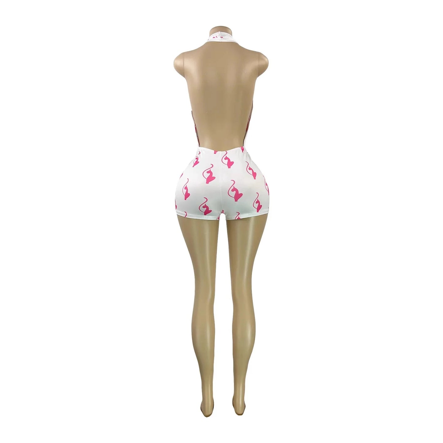 CN26106 Slim Fit Spring European American Fashion Women'S Sexy Halter Neck Backless Deep V Printed One-Piece Shorts Jumpsuit - VANN'D