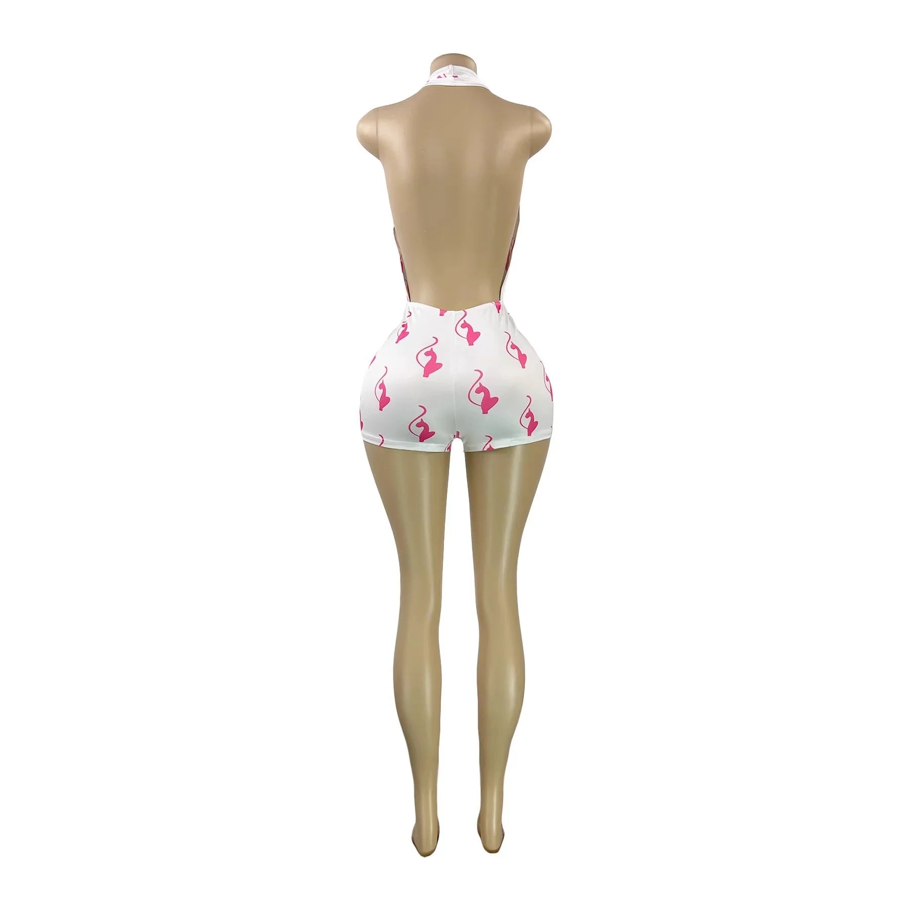 CN26106 Slim Fit Spring European American Fashion Women'S Sexy Halter Neck Backless Deep V Printed One-Piece Shorts Jumpsuit - VANN'D