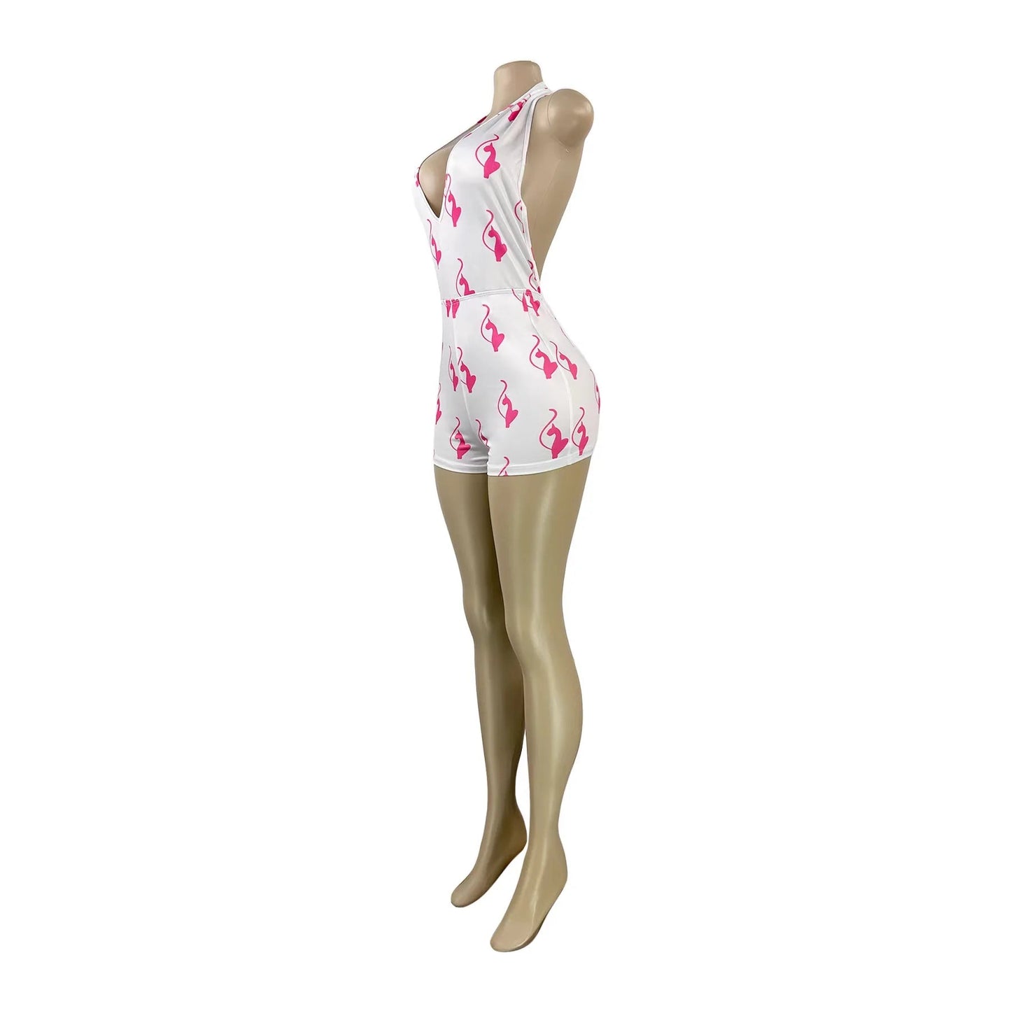 CN26106 Slim Fit Spring European American Fashion Women'S Sexy Halter Neck Backless Deep V Printed One-Piece Shorts Jumpsuit - VANN'D