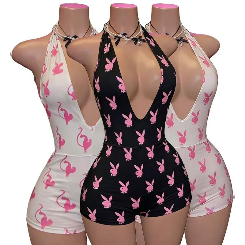 CN26106 Slim Fit Spring European American Fashion Women'S Sexy Halter Neck Backless Deep V Printed One-Piece Shorts Jumpsuit - VANN'D