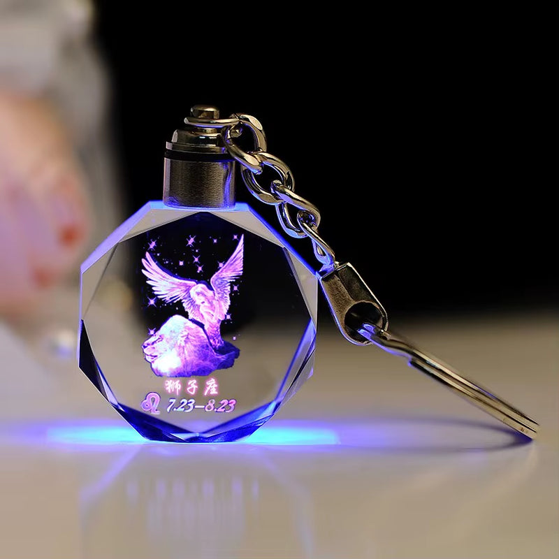 Wholesale Glass Astrology Go Characters Crystal Keychain Custom LED Flashing Light Keyring