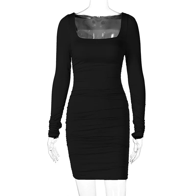 Fashion American Clothing Fall Women Clothes Sexy Ruched Ladies Dress Long Sleeve Casual Dresses Bodycon Dresses Women - VANN'D