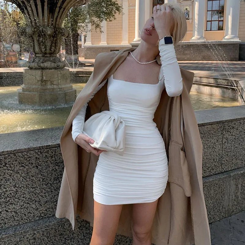 Fashion American Clothing Fall Women Clothes Sexy Ruched Ladies Dress Long Sleeve Casual Dresses Bodycon Dresses Women - VANN'D