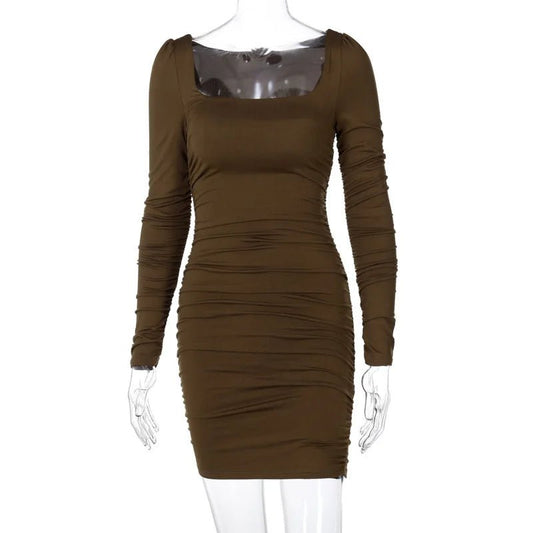 Fashion American Clothing Fall Women Clothes Sexy Ruched Ladies Dress Long Sleeve Casual Dresses Bodycon Dresses Women - VANN'D