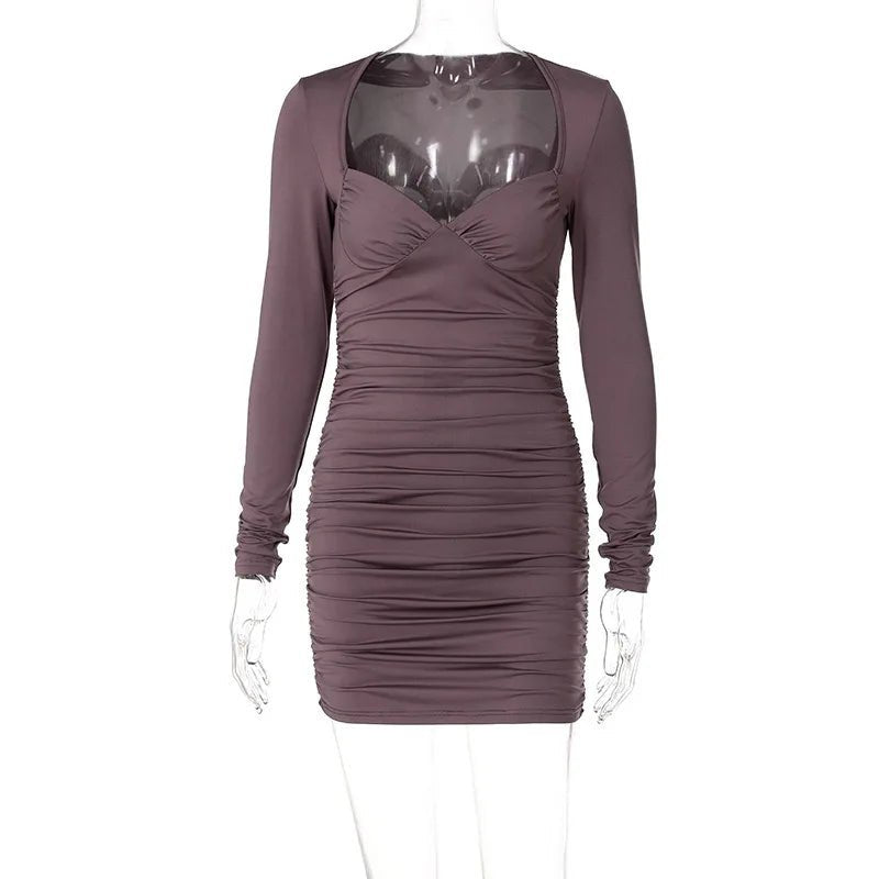 Fashion American Clothing Fall Women Clothes Sexy Ruched Ladies Dress Long Sleeve Casual Dresses Bodycon Dresses Women - VANN'D