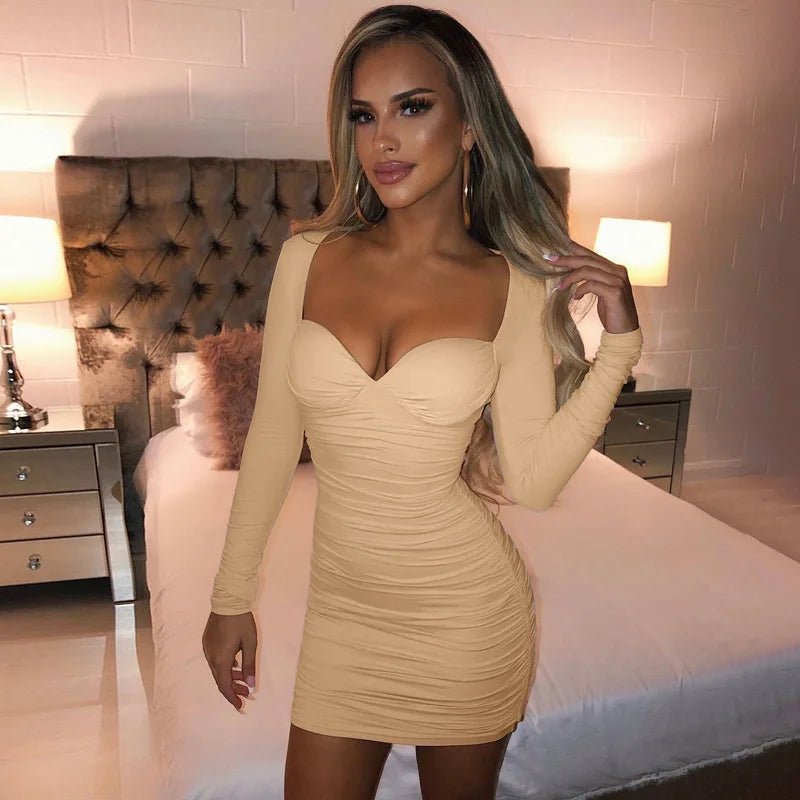 Fashion American Clothing Fall Women Clothes Sexy Ruched Ladies Dress Long Sleeve Casual Dresses Bodycon Dresses Women - VANN'D