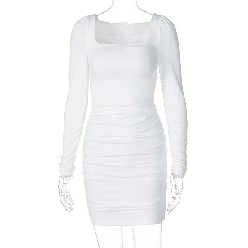 Fashion American Clothing Fall Women Clothes Sexy Ruched Ladies Dress Long Sleeve Casual Dresses Bodycon Dresses Women - VANN'D