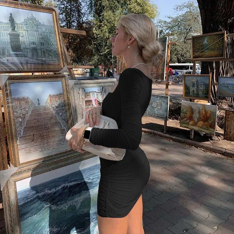 Fashion American Clothing Fall Women Clothes Sexy Ruched Ladies Dress Long Sleeve Casual Dresses Bodycon Dresses Women - VANN'D