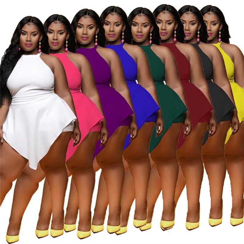 L-4XL 2022 Hot Selling Summer Slash Neck Sleeveless High Waist Loose Rompers Casual Solid Women plus Size L-4XL Jumpsuits - VANN'D